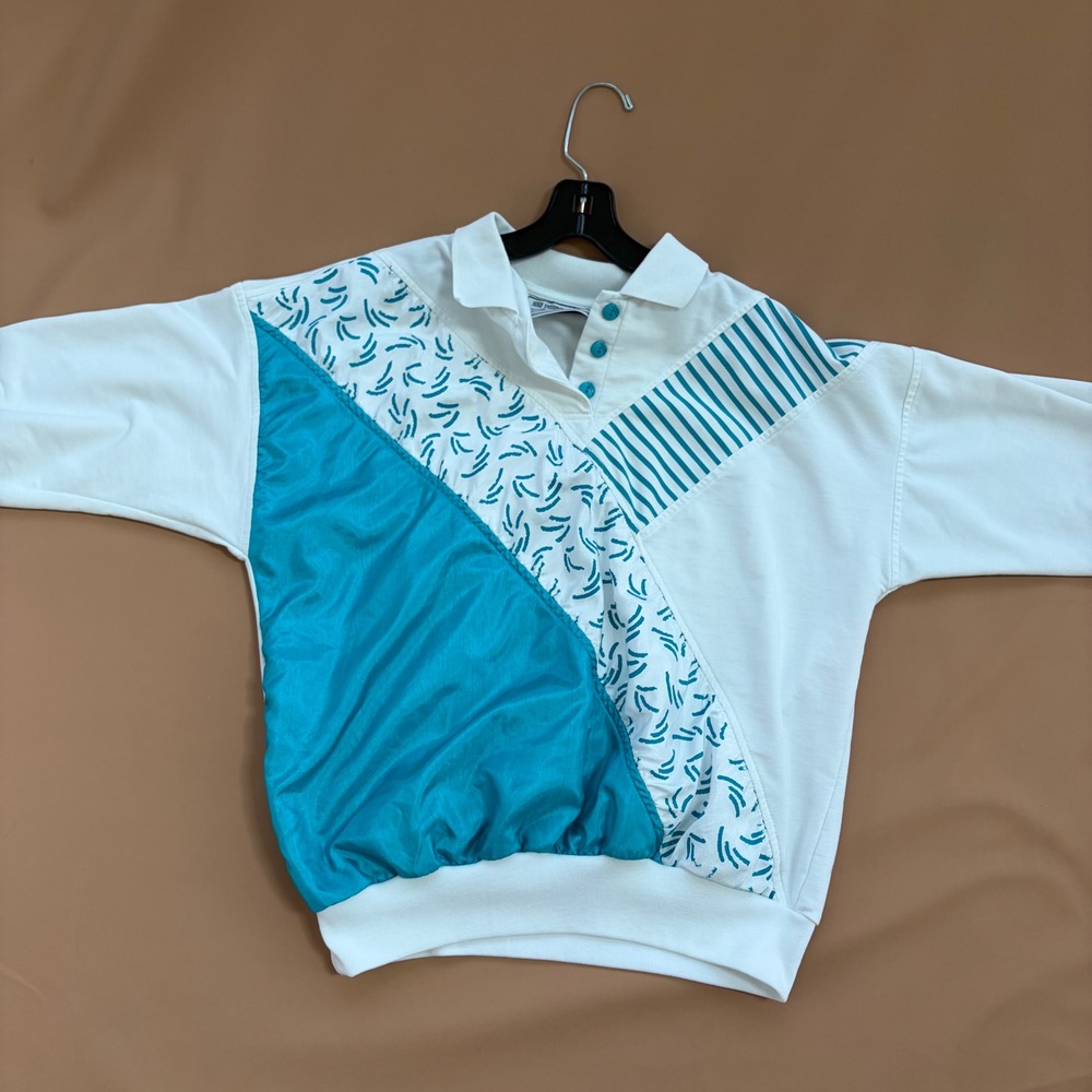 Vintage 80s San Francisco Sport Mazzella Teal Colorblock Pullover Sweatshirt M - Picture 15 of 16